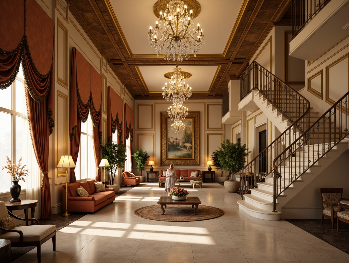 Prompt: Elegant chandeliers, ornate metalwork, warm soft lighting, golden accents, luxurious fabrics, rich wood tones, traditional furnishings, opulent drapery, grand staircases, high ceilings, symmetrical architecture, refined details, subtle color palette, ambient glow, warm beige tones, cream-colored marble, intricate moldings, lavish decorations, sophisticated ambiance, majestic crystal fixtures, 1/1 composition, shallow depth of field, realistic textures.