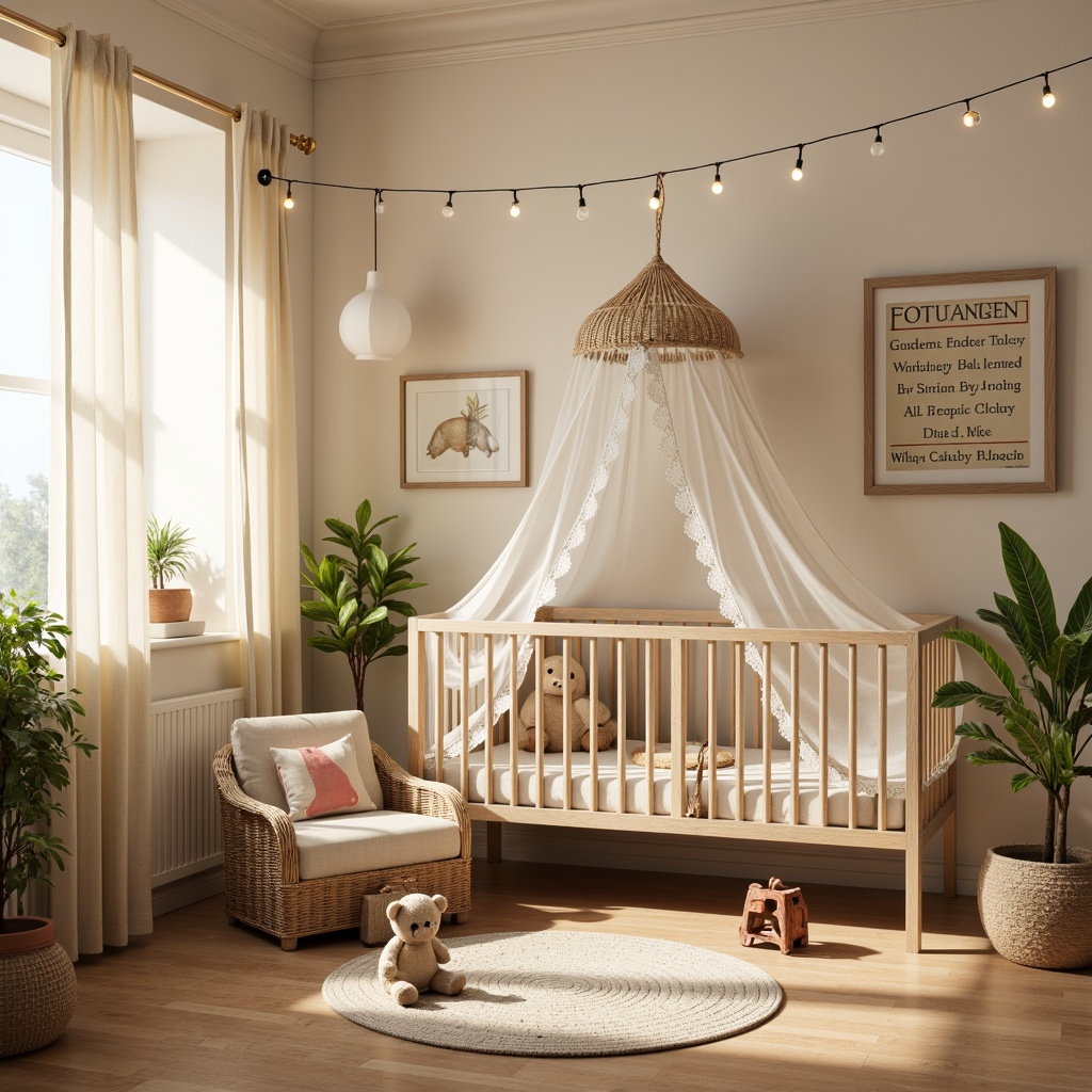 Prompt: Cozy baby room, vernacular style, warm beige walls, soft wooden flooring, gentle cream curtains, vintage nursery rhyme posters, plush toys, crib with delicate lace canopy, natural wicker furniture, earthy terracotta pots, lush green plants, warm table lamps, string lights, softbox lighting, creamy whites, pastel hues, shallow depth of field, 1/1 composition, realistic textures, ambient occlusion.