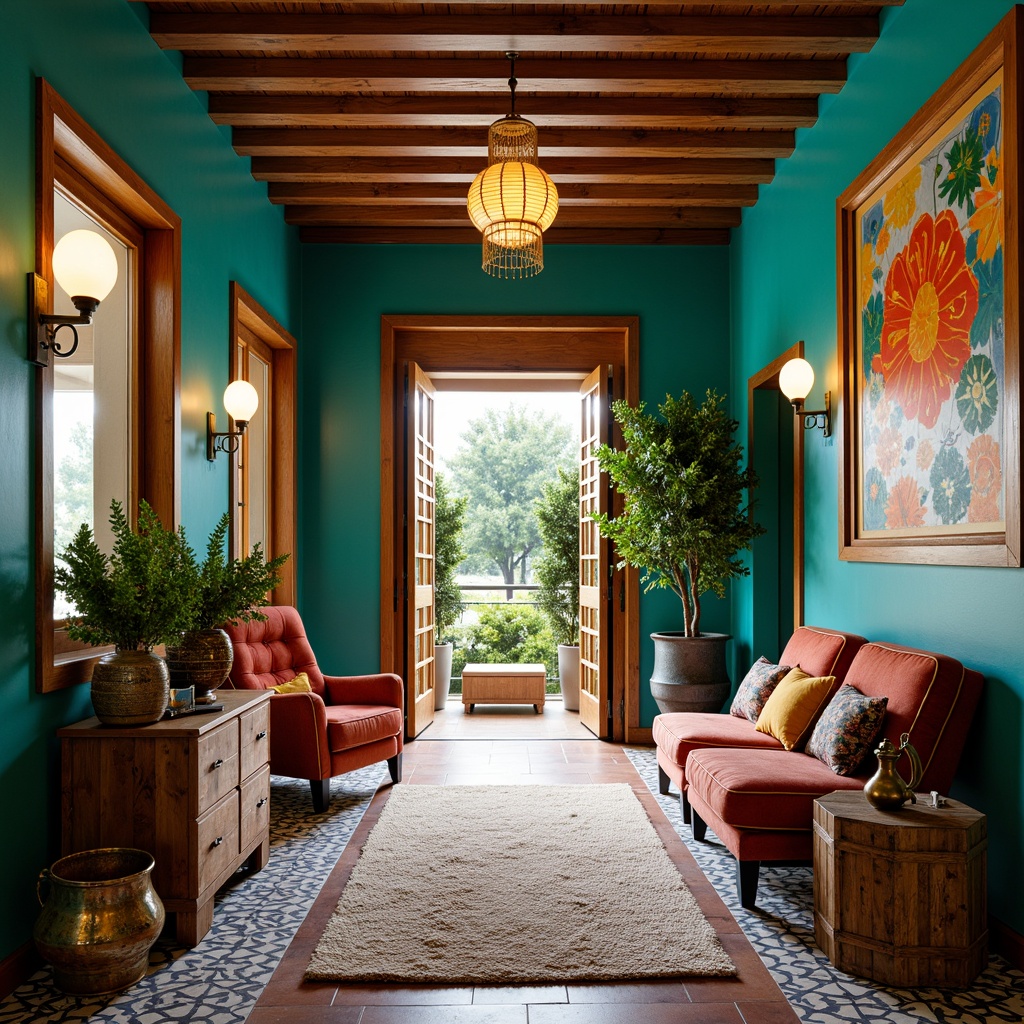 Prompt: Vibrant eclectic entryway, bold turquoise walls, warm golden lighting, rich wood accents, plush velvet furniture, Moroccan-inspired tiles, intricate geometric patterns, colorful abstract artwork, statement pendant lamps, lush greenery, natural fiber rugs, distressed leather armchairs, industrial metal decor, rustic wooden crates, soft warm ambiance, 1/1 composition, shallow depth of field, realistic textures.