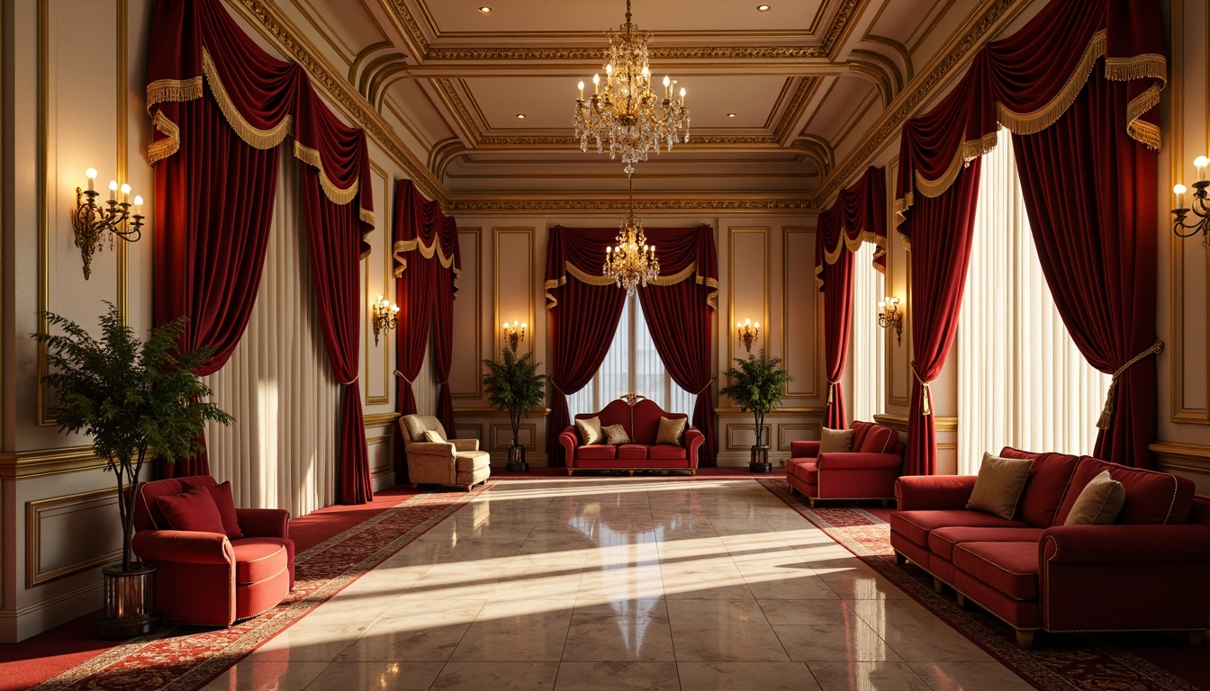 Prompt: Rich velvet drapes, ornate gold accents, luxurious marble floors, crystal chandeliers, warm beige walls, deep red carpeting, antique furniture pieces, intricate moldings, lavish upholstery, opulent fabrics, soft warm lighting, cinematic camera angles, high contrast ratios, dramatic shadows, 2/3 composition, vibrant color grading.