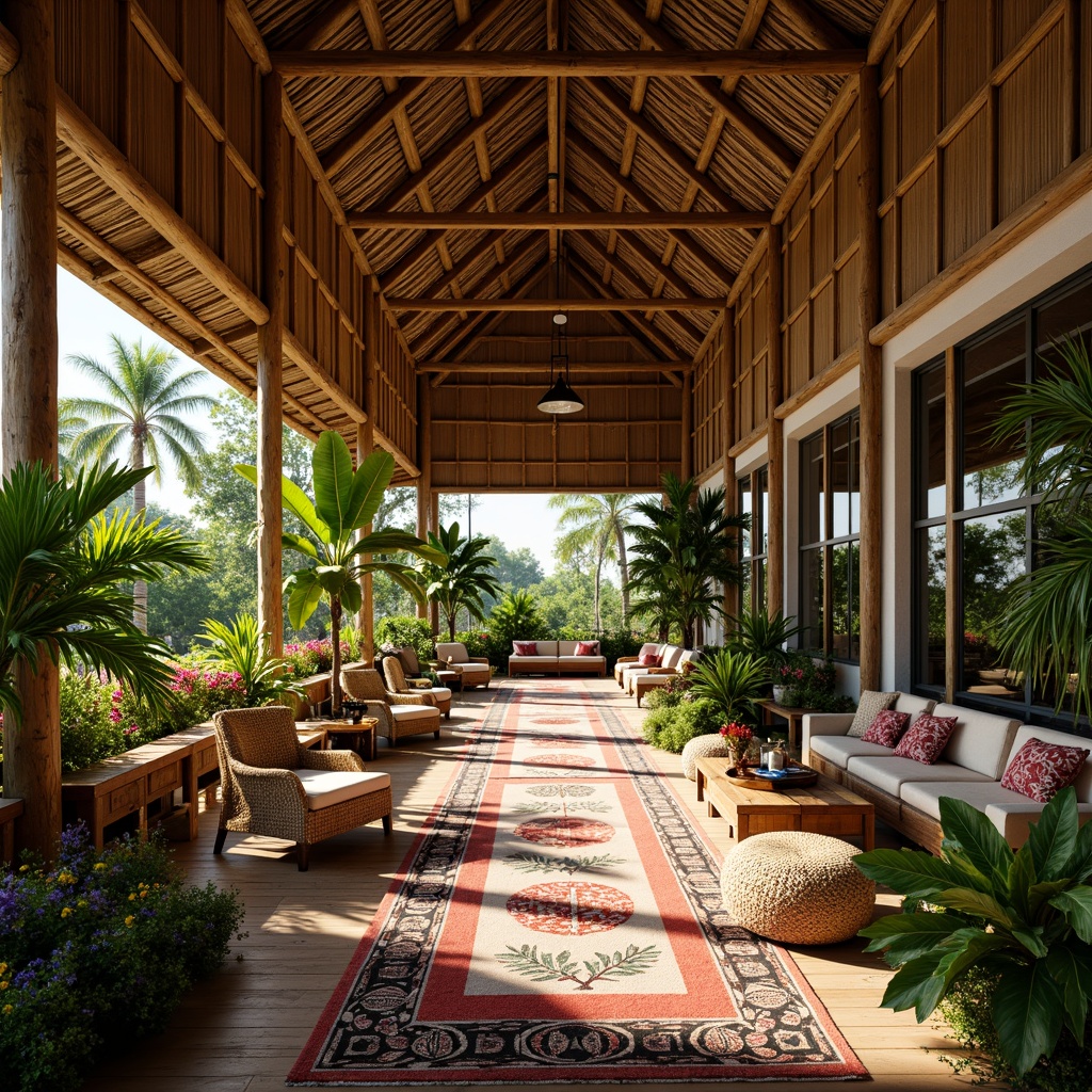 Prompt: Tropical hall, exotic plants, palm trees, colorful flowers, woven rattan furniture, natural fiber rugs, vibrant textiles, tribal-inspired patterns, wooden accents, bamboo walls, thatched roof, rustic wood beams, earthy color palette, warm soft lighting, shallow depth of field, 3/4 composition, panoramic view, realistic textures, ambient occlusion.