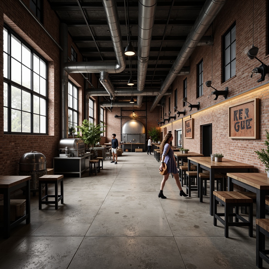 Prompt: Industrial chic factory setting, exposed brick walls, metal beams, polished concrete floors, sleek metal fixtures, industrial-style lighting, reclaimed wood accents, urban loft atmosphere, minimalist decor, functional aesthetic, modern machinery, metallic textures, muted color palette, dramatic shadows, high contrast lighting, 1/1 composition, realistic renderings, ambient occlusion.