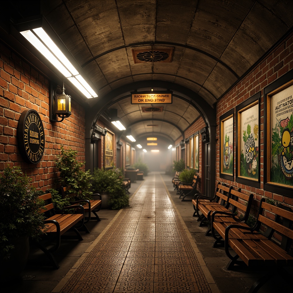 Prompt: Rustic metro station ambiance, vintage industrial vibe, exposed brick walls, distressed concrete textures, metallic accents, urban graffiti art, moody warm lighting, atmospheric mist, ornate ironwork details, ceramic tile mosaics, eclectic signage, worn wooden benches, industrial-style lanterns, dynamic shadow play, 1/2 composition, cinematic depth of field, high-contrast color palette.