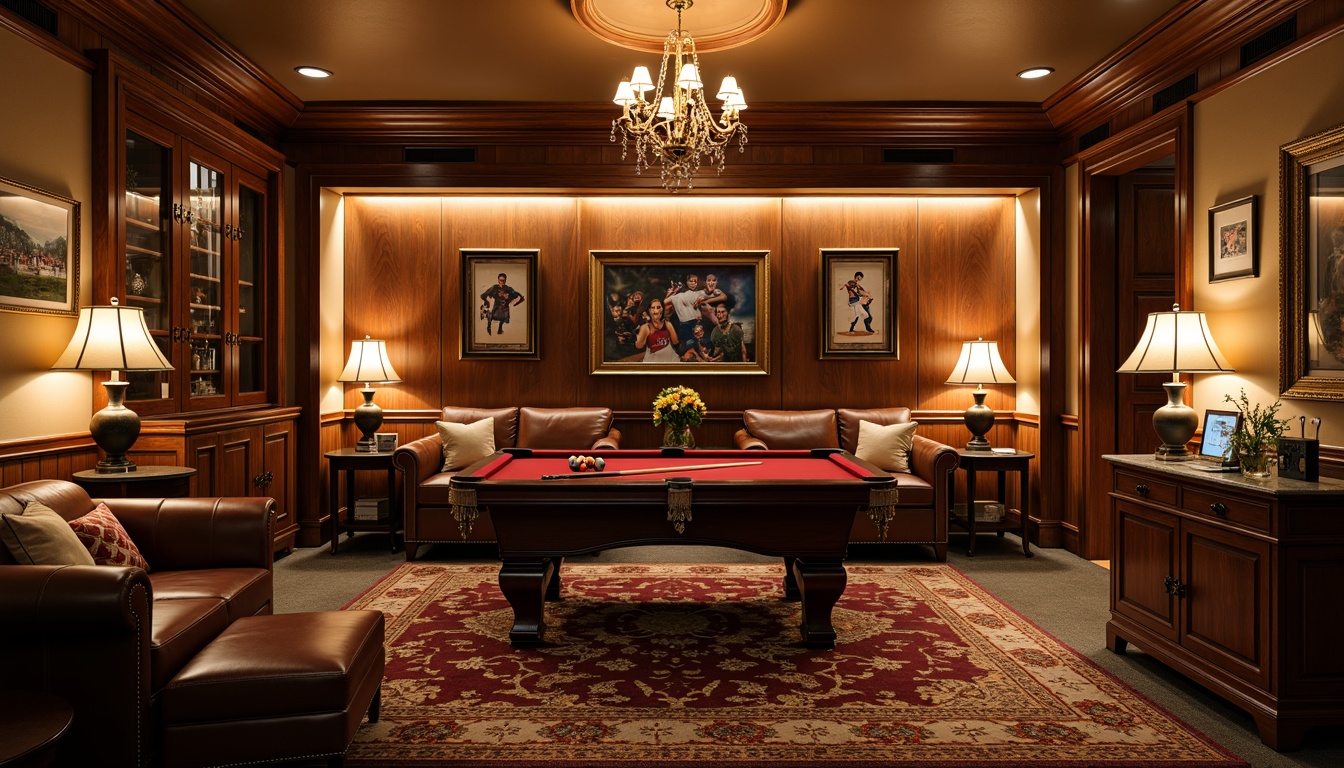 Prompt: Cozy game room, warm wooden paneling, rich leather furniture, classic ornate details, vintage sports memorabilia, soft warm lighting, table lamps, floor lamps, warm color temperature, dimmable lights, comfortable seating area, traditional rug patterns, earthy tone colors, warm beige walls, elegant chandeliers, subtle ambient glow, 1/2 composition, medium depth of field, realistic textures.