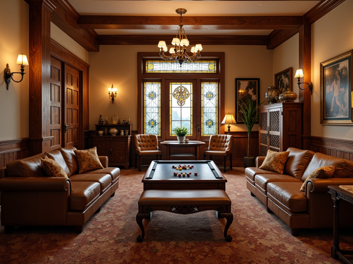 Prompt: Cozy game room, rich wood paneling, warm beige walls, plush carpeted floors, comfortable leather sofas, traditional ornate furnishings, antique wooden tables, vintage decorative items, subtle glass accents, elegant chandeliers, soft warm lighting, shallow depth of field, 1/1 composition, realistic textures, ambient occlusion, stained glass windows, leaded glass doors, intricate glass mosaics, frosted glass shelves, beveled glass edges.