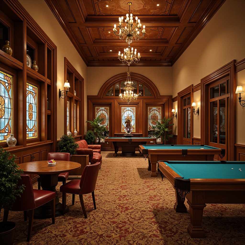 Prompt: Cozy game room, rich wood paneling, comfortable seating areas, classic furniture pieces, warm color schemes, soft ambient lighting, stained glass windows, ornate glass cabinets, decorative glass vases, intricate glass chandeliers, vintage-style pool tables, rustic wooden shelves, luxurious carpets, traditional architectural details, warm beige walls, earthy tone colors, inviting atmosphere, relaxed mood, shallow depth of field, 1/2 composition, soft focus, realistic textures.