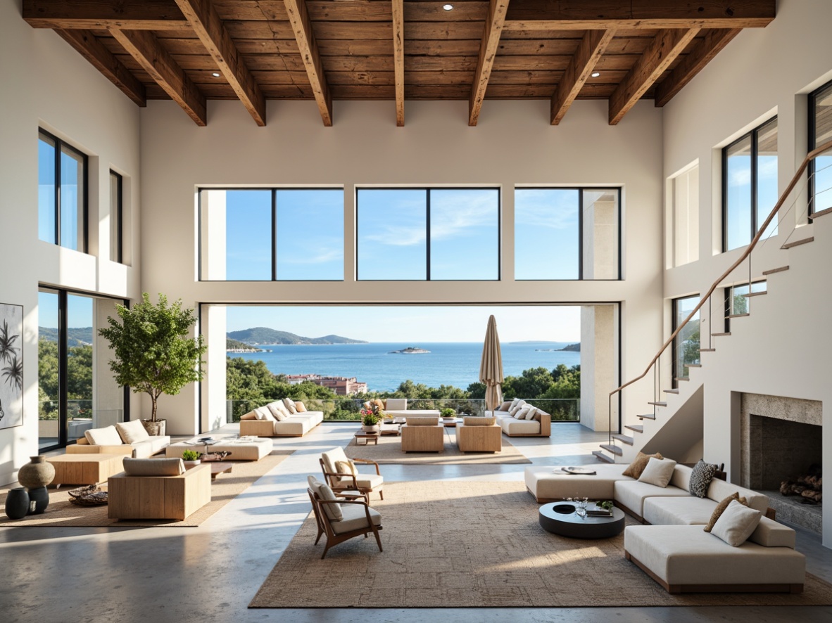 Prompt: Breathtaking ocean views, expansive open floor plan, high ceilings, natural wood accents, beachy vibe, light-filled spaces, airy atmosphere, minimal ornamentation, sleek modern furniture, plush area rugs, floor-to-ceiling windows, sliding glass doors, spacious balconies, outdoor seating areas, coastal color palette, calming blue hues, crisp white walls, warm beige tones, textured stone flooring, reclaimed wood ceilings, industrial-chic metal beams, panoramic city views, dramatic staircases, abstract art pieces, tropical plants, soft warm lighting, shallow depth of field, 1/1 composition, realistic textures, ambient occlusion.