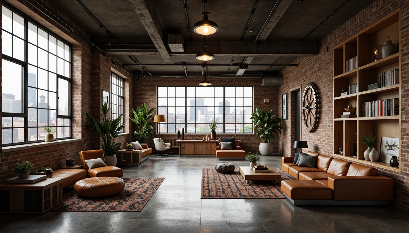 Prompt: Retro-futuristic living room, exposed brick walls, polished concrete floors, reclaimed wood accents, industrial metal beams, minimalist mid-century furniture, sleek leather sofas, geometric patterned rugs, metallic lamp shades, Edison bulb lighting, urban cityscape views, functional shelving units, decorative mechanical gears, distressed steel decor, moody warm color palette, low-key ambient lighting, shallow depth of field, 1/2 composition, cinematic atmosphere.