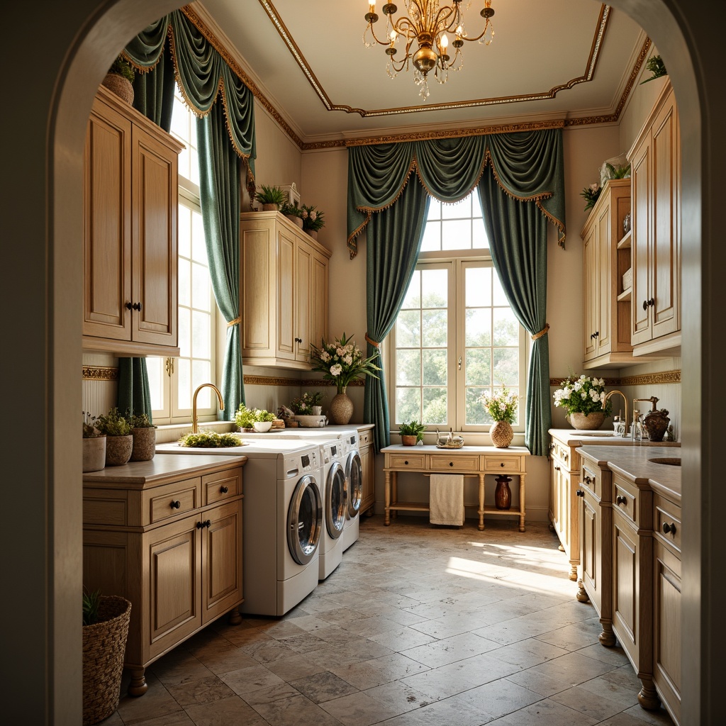 Prompt: Whimsical laundry room, ornate wooden cabinetry, soft pastel hues, delicate carvings, gilded accents, intricate mirrors, lavish chandeliers, marble countertops, velvet drapes, luxurious textiles, antique furnishings, distressed finishes, curved lines, ornamental patterns, warm golden lighting, shallow depth of field, 1/1 composition, intimate atmosphere.