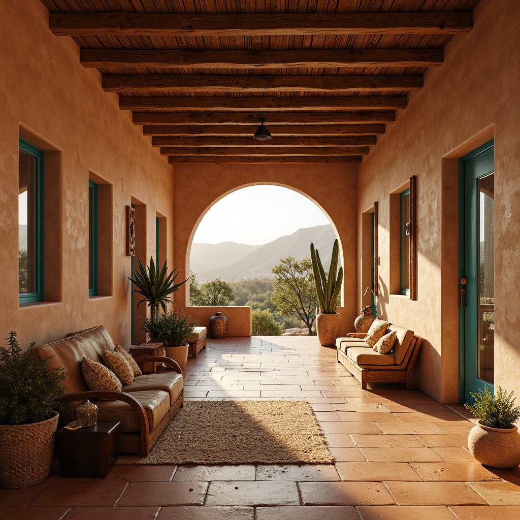 Prompt: Earthy hall, warm terracotta floors, rustic wooden beams, vintage turquoise accents, distressed leather furniture, woven textiles, natural fiber rugs, adobe-inspired walls, desert landscape views, cactus plants, warm sunny day, soft golden lighting, shallow depth of field, 3/4 composition, panoramic view, realistic textures, ambient occlusion.