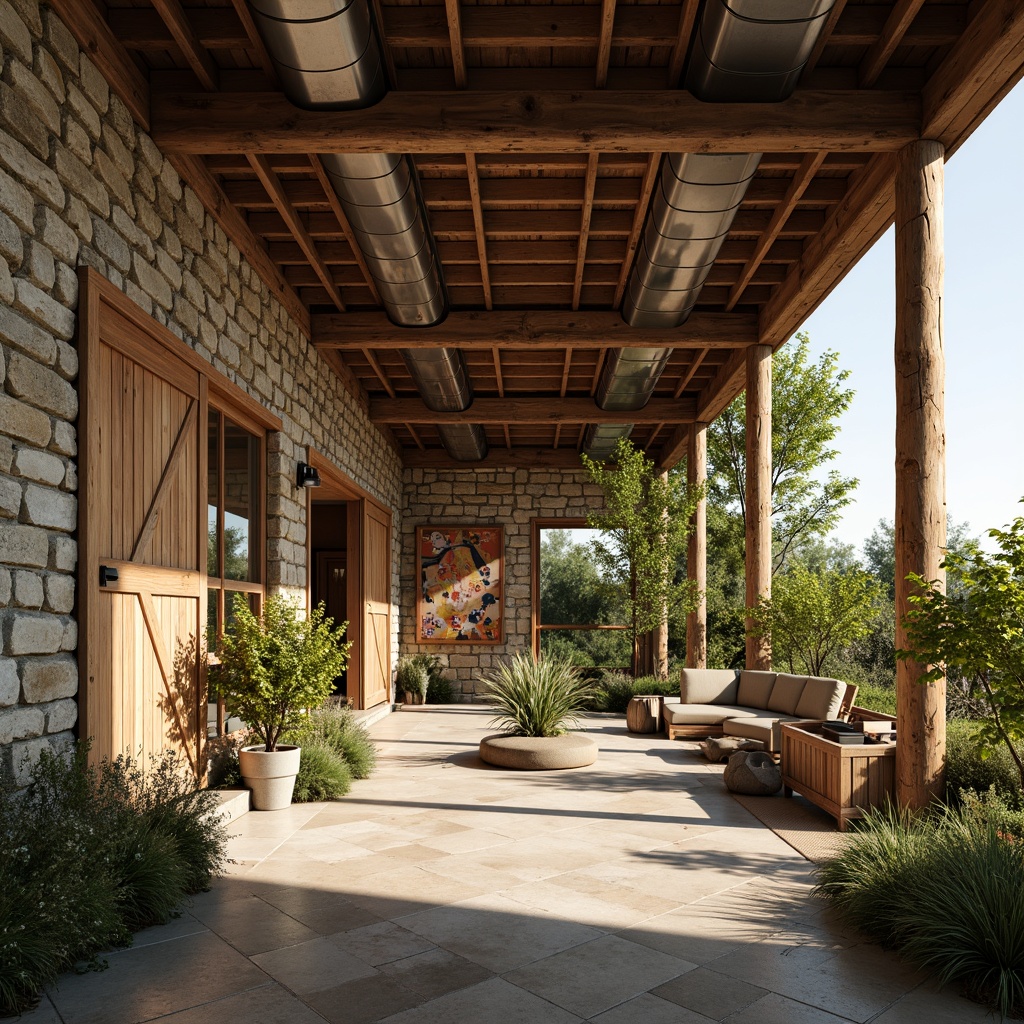 Prompt: Rustic airport farmhouse, distressed wood accents, natural stone walls, earthy color palette, vintage metal decorations, reclaimed barn doors, wooden beams, exposed ductwork, industrial lighting fixtures, lush greenery, potted plants, warm sunny day, soft diffused light, 1/1 composition, intimate shallow depth of field, realistic textures, ambient occlusion.