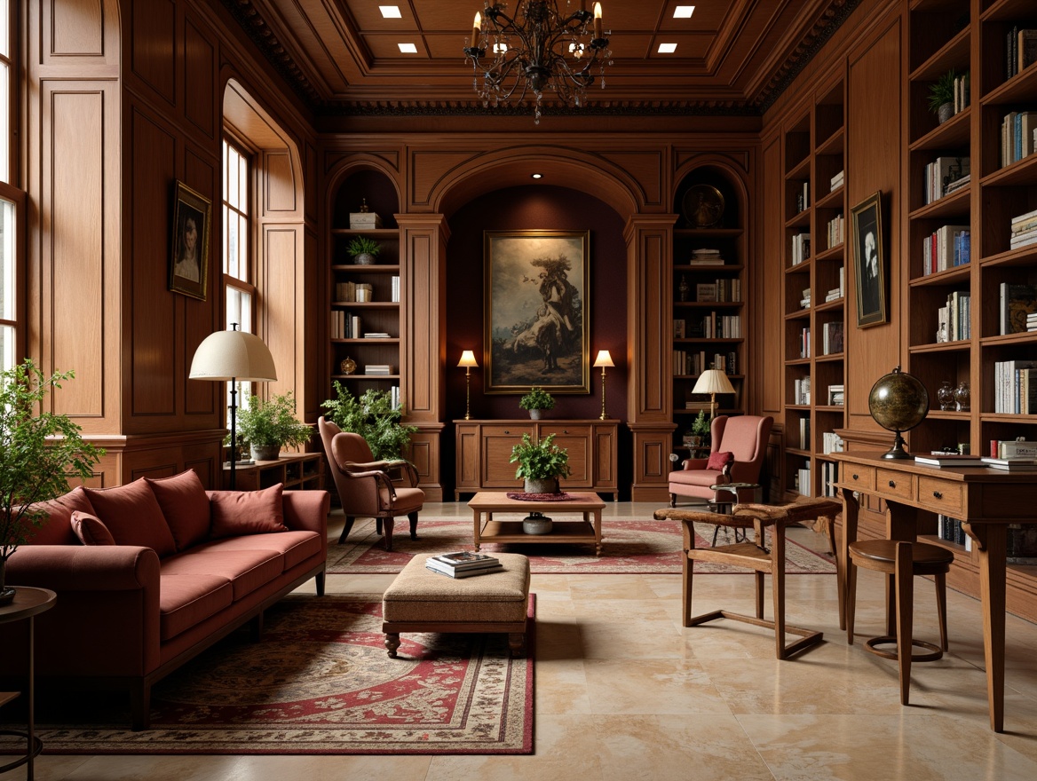 Prompt: Elegant wooden bookshelves, rich leather armchairs, ornate bronze lamps, plush velvet sofas, intricately carved wooden desks, vintage globe decorations, classic column legs, warm beige marble floors, soft warm lighting, shallow depth of field, 3/4 composition, realistic textures, ambient occlusion.