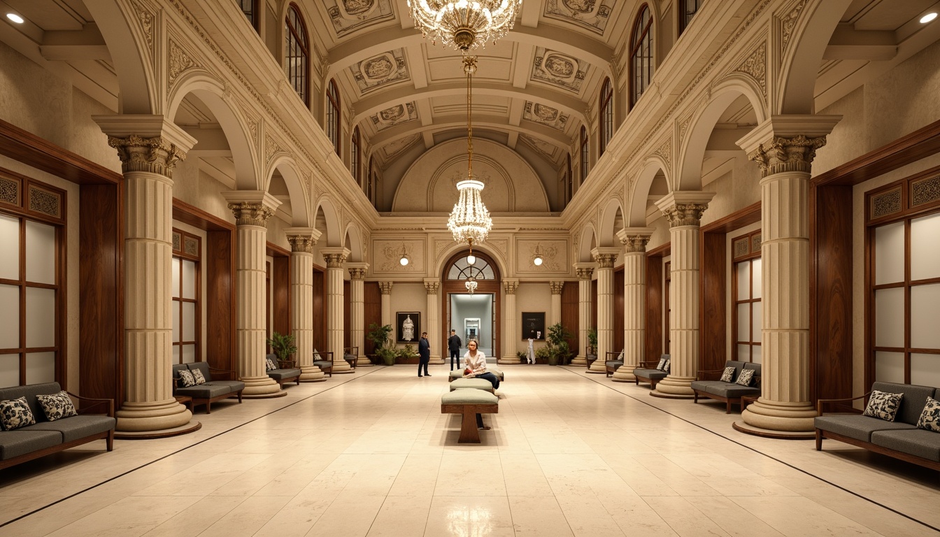 Prompt: Grand metro station, traditional architectural style, ornate columns, vaulted ceilings, decorative moldings, rich wood paneling, intricate stone carvings, warm beige walls, soft cream-colored marble floors, elegant chandeliers, subtle lighting effects, 1/2 composition, symmetrical framing, realistic textures, ambient occlusion.