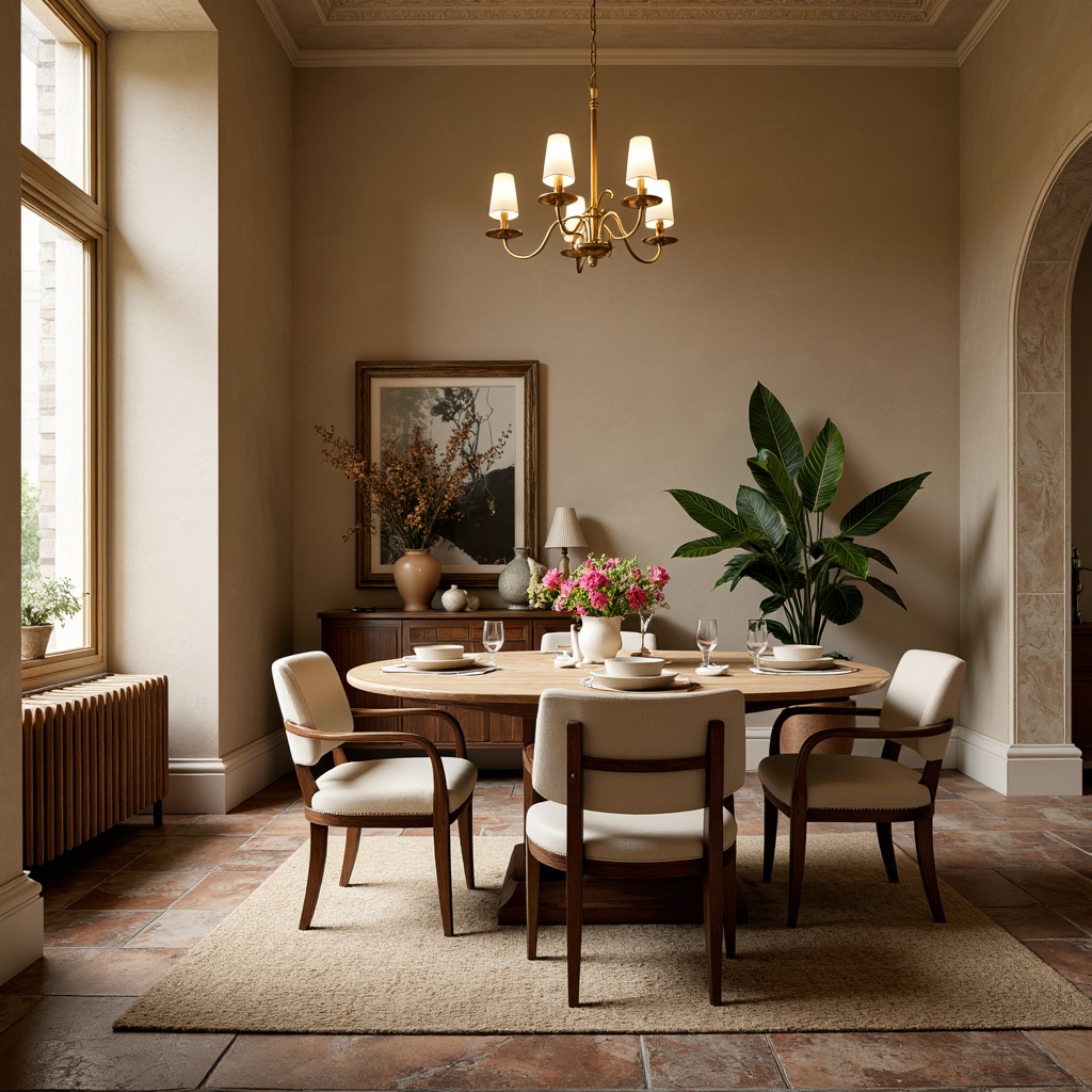 Prompt: Cozy dining room, warm beige walls, rich walnut wood furniture, soft cream upholstery, elegant chandelier lighting, subtle golden accents, natural stone flooring, plush area rugs, calming greenery, vibrant flower arrangements, earthy terracotta vases, creamy white ceramics, warm ambient lighting, shallow depth of field, 1/1 composition, realistic textures, ambient occlusion.