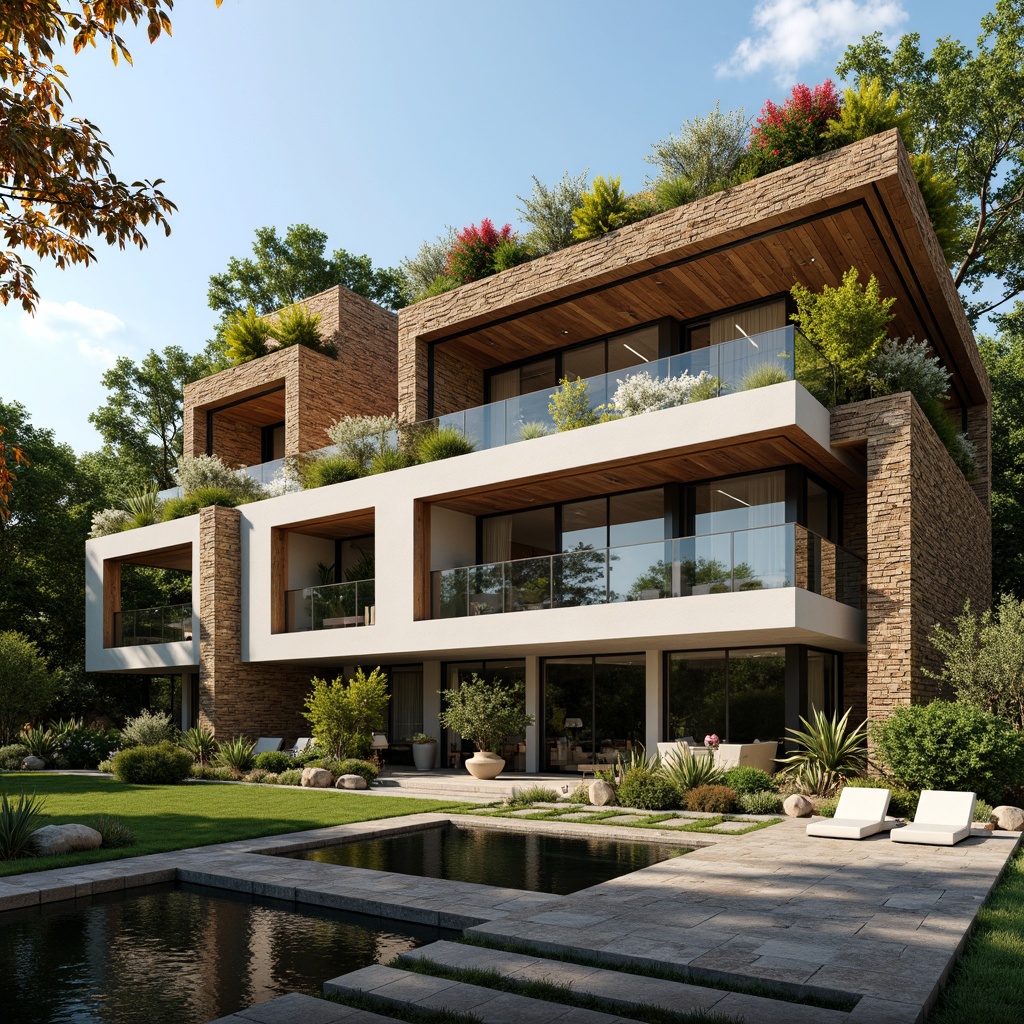 Prompt: Luxurious modern villa, contrasting rough stone walls, smooth glass surfaces, rich wooden accents, lavish green roofs, vibrant floral patterns, intricate metalwork details, sleek minimalist lines, natural earthy tones, warm golden lighting, shallow depth of field, 1/1 composition, realistic textures, ambient occlusion.