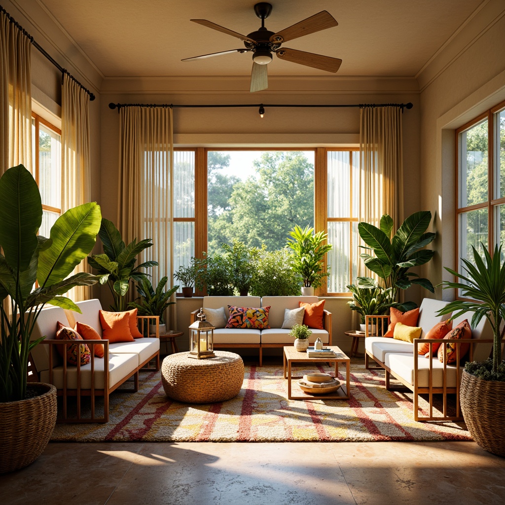 Prompt: Vibrant sunroom, warm natural lighting, lush greenery, exotic plants, wooden accents, rattan furniture, colorful throw pillows, geometric-patterned rugs, natural stone flooring, glass tables, metallic lanterns, soft sheer curtains, warm beige walls, elegant ceiling fans, cozy reading nooks, refreshing beverages, sunny afternoon, 1/1 composition, shallow depth of field, realistic textures.