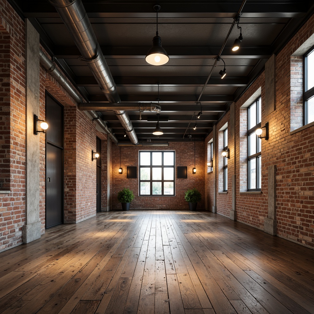 Prompt: Exposed brick walls, metal beams, reclaimed wood floors, industrial-style lighting fixtures, metal shades, Edison bulbs, dimmable spotlights, track lighting systems, suspended linear lights, minimalist pendant lamps, concrete columns, urban loft atmosphere, neutral color palette, distressed textures, warm ambient glow, high ceilings, open space, 1/1 composition, realistic reflections, subtle shadowing.