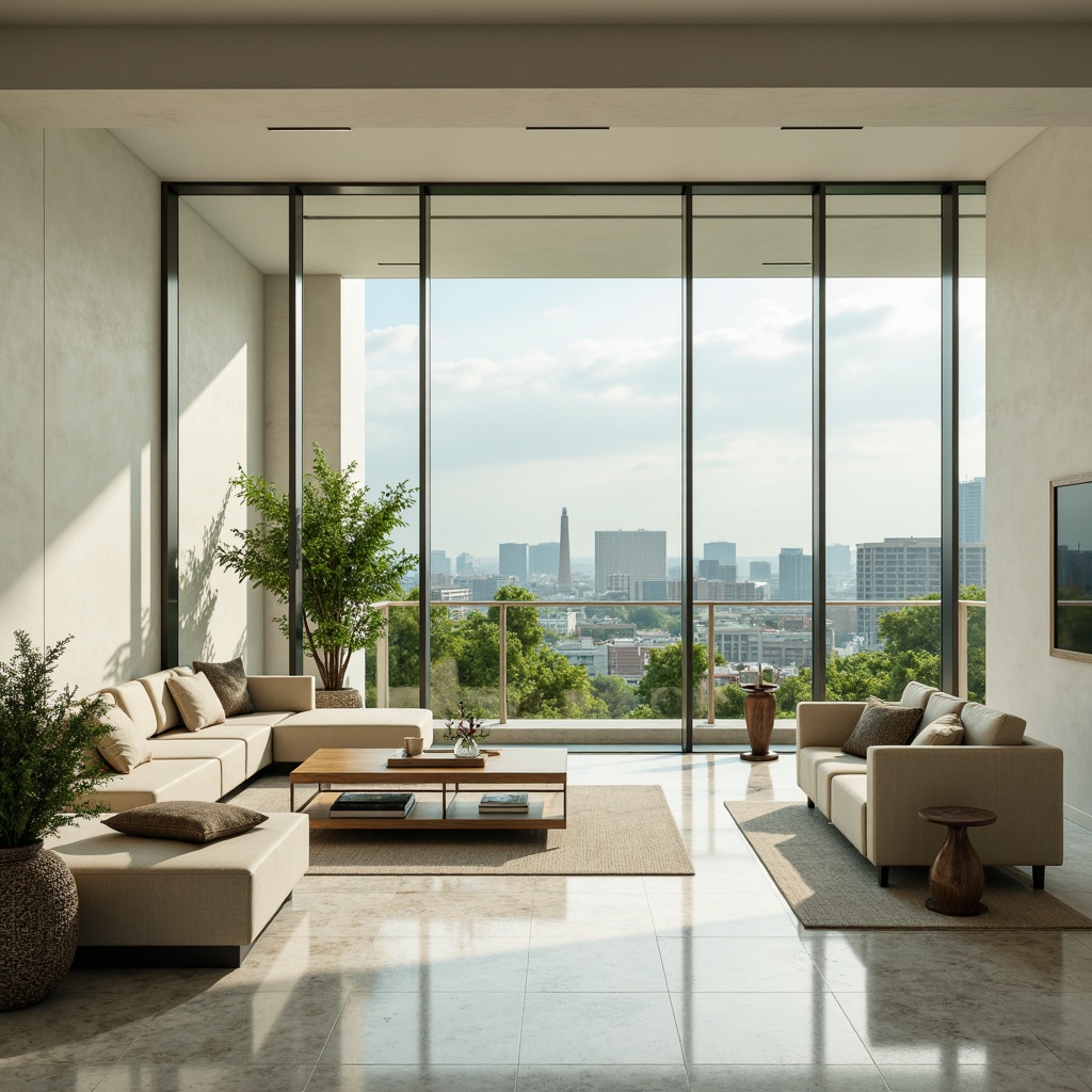 Prompt: Soft celadon hues, cream accents, warm beige tones, polished marble floors, sleek metallic surfaces, minimalist decor, floor-to-ceiling windows, panoramic city views, lush greenery, modern penthouse architecture, spacious open-plan living area, luxurious furnishings, ambient soft lighting, 1/1 composition, realistic reflections, subtle gradient maps.