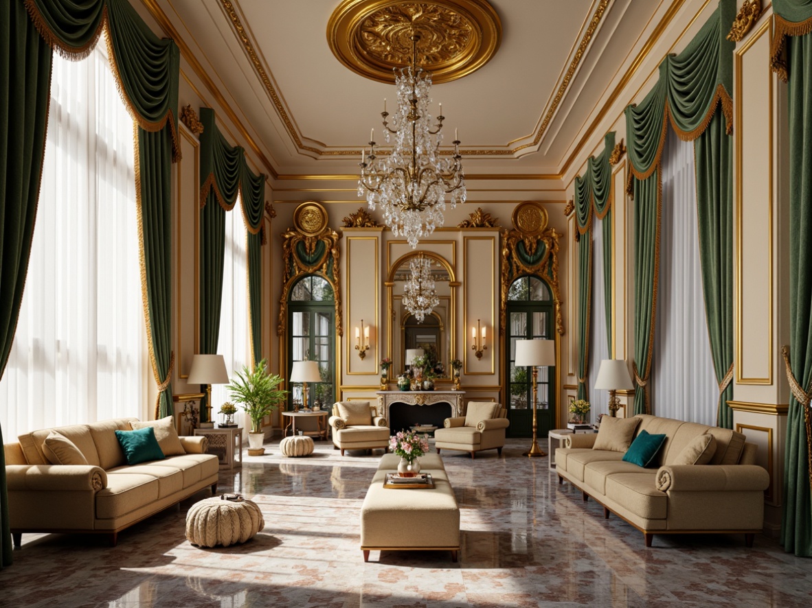 Prompt: Luxurious Baroque interior, rich gold accents, ornate furnishings, velvet drapes, crystal chandeliers, marble flooring, warm beige walls, soft creamy whites, deep jewel-toned blues, emerald greens, intricate patterns, ornamental details, lavish textiles, dramatic lighting, high contrast ratios, 1/2 composition, detailed renderings, realistic reflections.