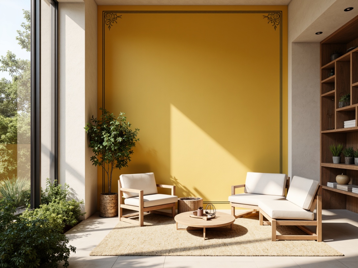 Prompt: Vibrant light yellow walls, bold black outlines, soft peach accents, creamy white trimmings, natural wood textures, subtle golden patterns, modern minimalist furniture, sleek metal decor, lush greenery, sunny day, warm soft lighting, shallow depth of field, 3/4 composition, panoramic view, realistic textures, ambient occlusion.