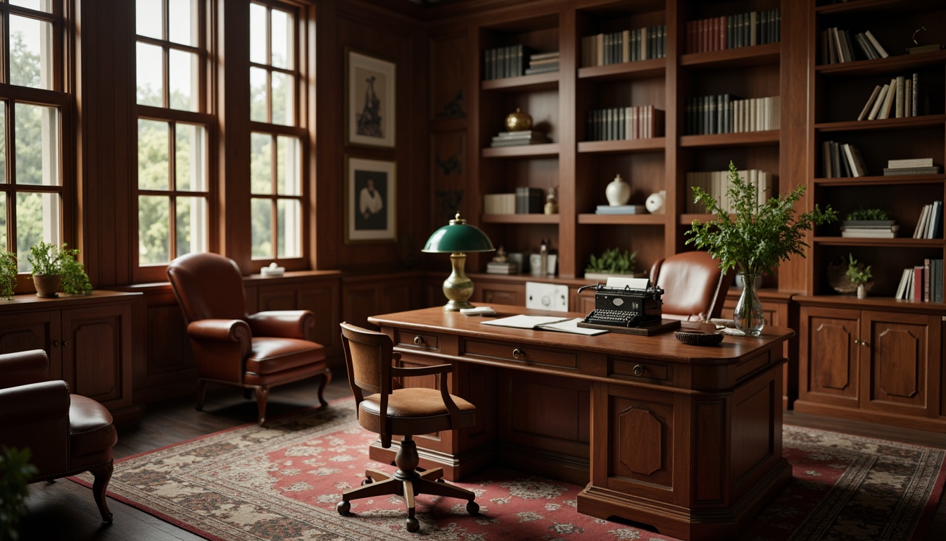 Prompt: Mahogany wooden desk, leather office chair, classic green lamp, vintage typewriter, ornate bookshelves, rich wood paneling, traditional window frames, soft warm lighting, subtle textures, shallow depth of field, 2/3 composition, realistic reflections, ambient occlusion, cozy atmosphere, earthy tone colors, comfortable seating area, elegant workspace, sophisticated home office.