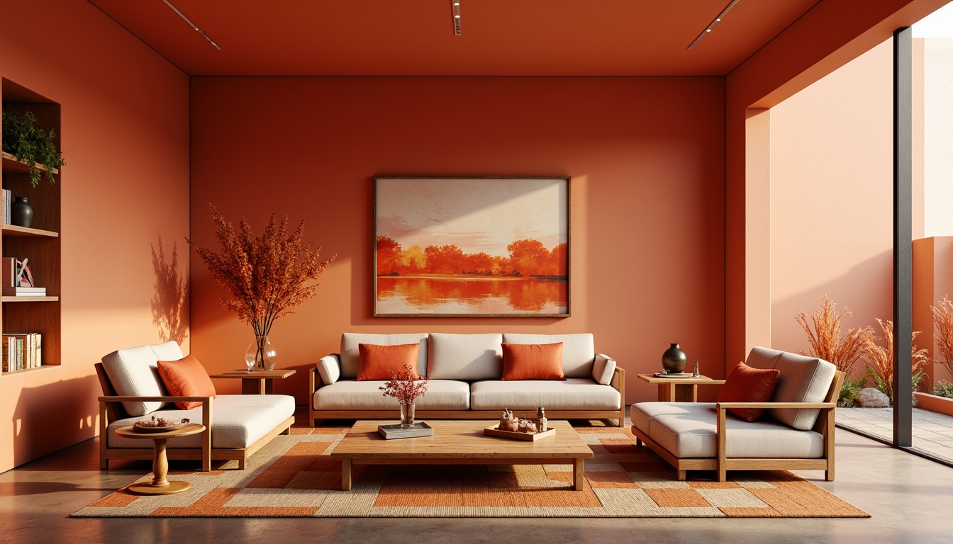 Prompt: Vibrant persimmon hues, warm golden tones, deep burnt orange shades, rich coral accents, soft peach undertones, earthy terracotta backgrounds, modern minimalist interiors, sleek low-profile furniture, geometric patterned rugs, natural woven textiles, abstract expressionist artwork, bold contrasting color blocks, moody atmospheric lighting, shallow depth of field, 1/1 composition, realistic renderings, ambient occlusion.