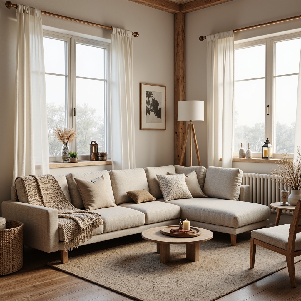 Prompt: Cozy Scandinavian living room, plush throw blankets, natural woven fibers, soft pastel colors, minimalist design, wooden accents, light-filled spaces, sheer curtains, woven baskets, distressed wood furniture, vintage textiles, earthy tones, warm beige walls, candles and lanterns, Nordic-inspired patterns, geometric shapes, organic materials, subtle textures, ambient lighting, shallow depth of field, 1/1 composition, realistic render.