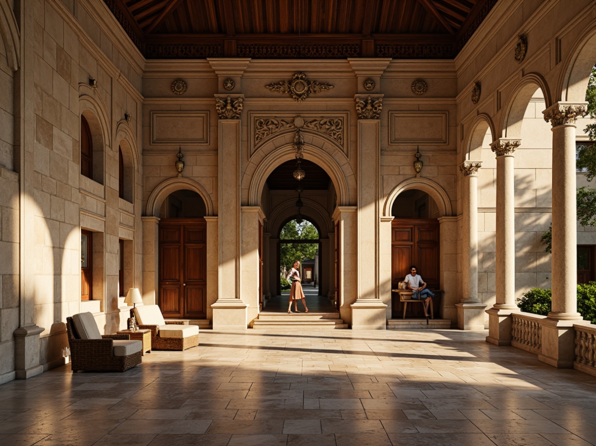 Prompt: Elegant pavilion, ornate columns, intricately carved facades, weathered stone walls, rustic wooden doors, decorative cornices, symmetrical archways, grand entrance halls, high ceilings, chandeliers, marble floors, velvet drapes, refined furniture, soft golden lighting, warm afternoon sun, shallow depth of field, 1/1 composition, realistic textures, ambient occlusion.