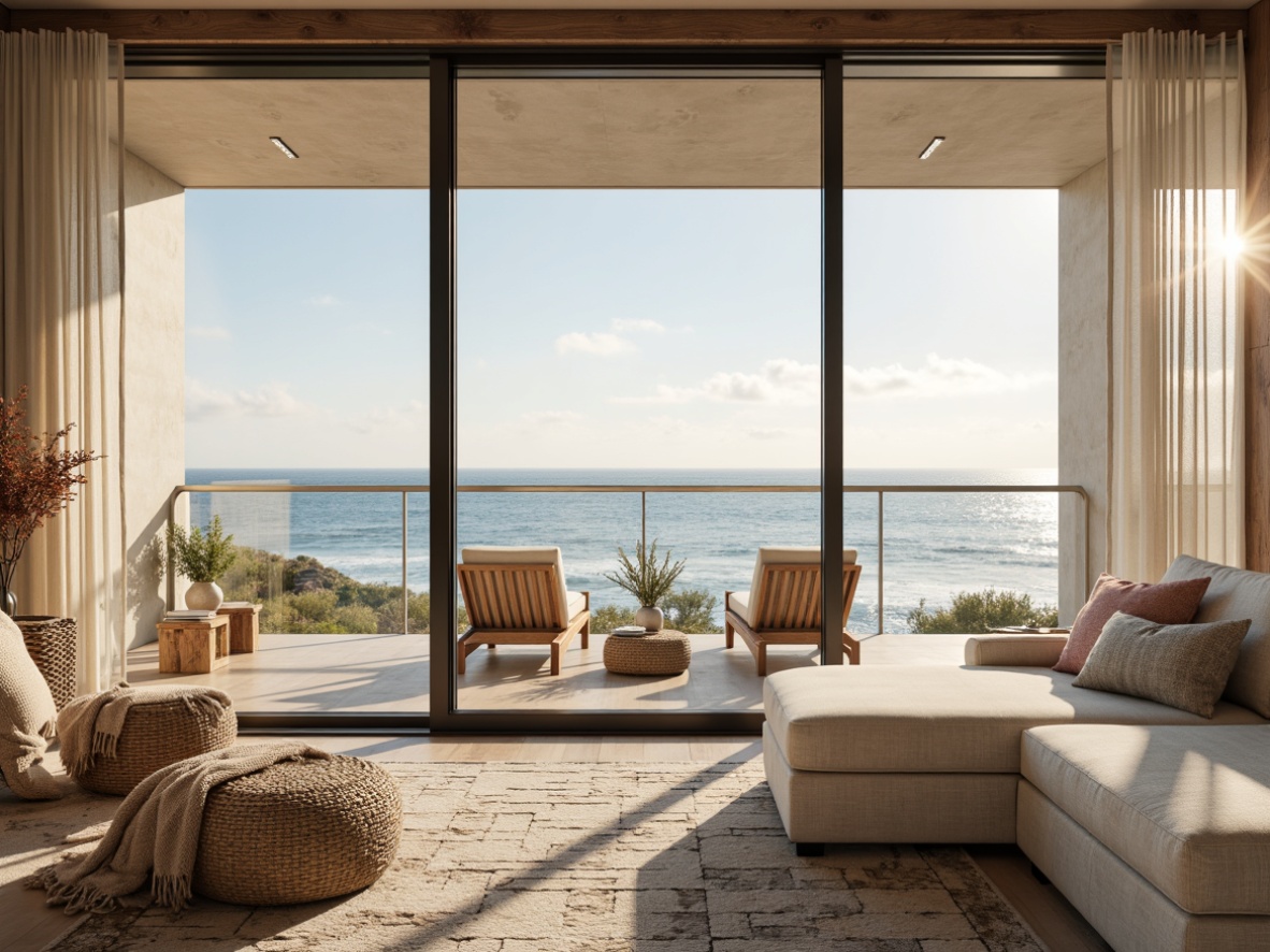 Prompt: \Calm oceanfront penthouses, soothing beachy atmosphere, soft sandy neutrals, driftwood grays, seafoam greens, coral pinks, sunny sky blues, natural textures, weathered wood accents, modern minimalist decor, floor-to-ceiling windows, sliding glass doors, cozy reading nooks, plush throw blankets, nautical accessories, ambient ocean sounds, gentle sea breezes, warm golden lighting, shallow depth of field, 1/1 composition, realistic reflections, misty morning atmosphere.\