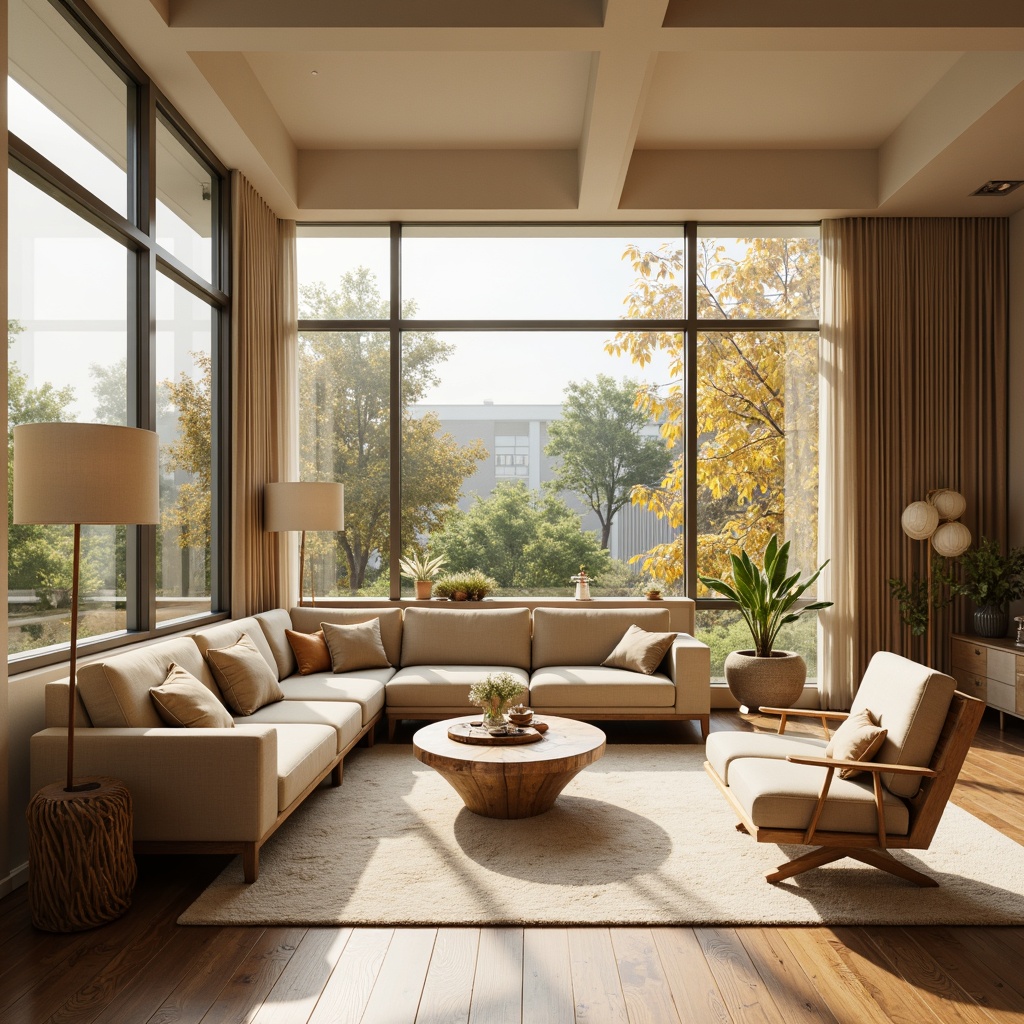 Prompt: Cozy living room, plush sectional sofa, soft velvet upholstery, warm beige tones, natural wood accents, minimalist coffee table, elegant floor lamps, creamy white rug, oversized windows, abundant sunlight, relaxed atmosphere, 3/4 composition, shallow depth of field, warm golden lighting, realistic textures.