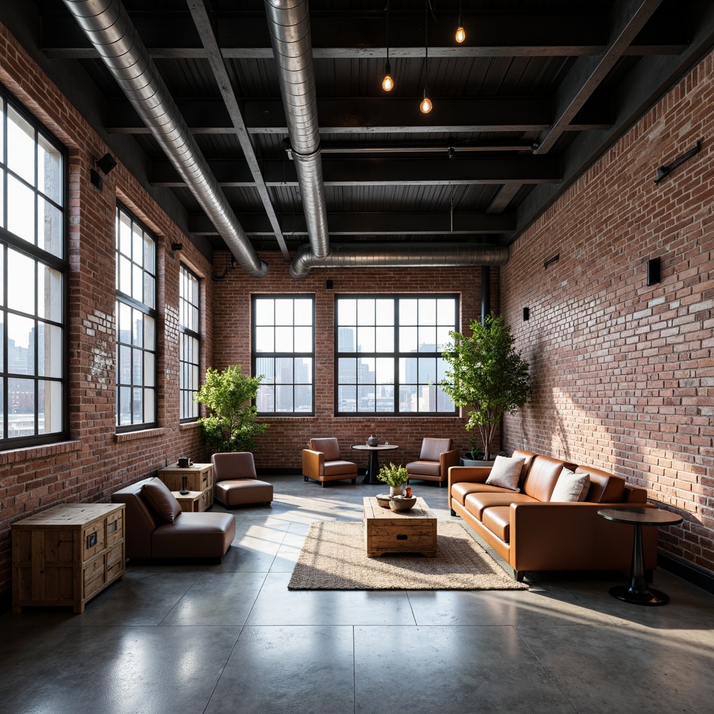 Prompt: Exposed brick walls, industrial chic decor, high ceilings, metal beams, polished concrete floors, reclaimed wood accents, metallic finishes, minimalist furniture, urban cityscape views, modern pendant lighting, rustic wooden crates, distressed leather sofas, industrial-style pipes, steel-frame windows, brutalist architecture, monochromatic color scheme, softbox lighting, shallow depth of field, 1/2 composition.