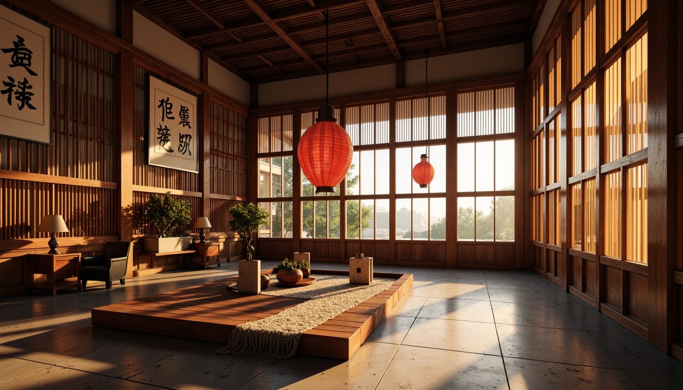 Prompt: Intricate wooden panels, traditional Japanese shoji screens, warm natural light, paper lanterns, ornate metal fixtures, cultural calligraphy, vibrant red accents, ceramic tiles, stone floors, minimalist decor, subtle texture patterns, ambient warm lighting, shallow depth of field, 1/1 composition, realistic materials, detailed architectural details.