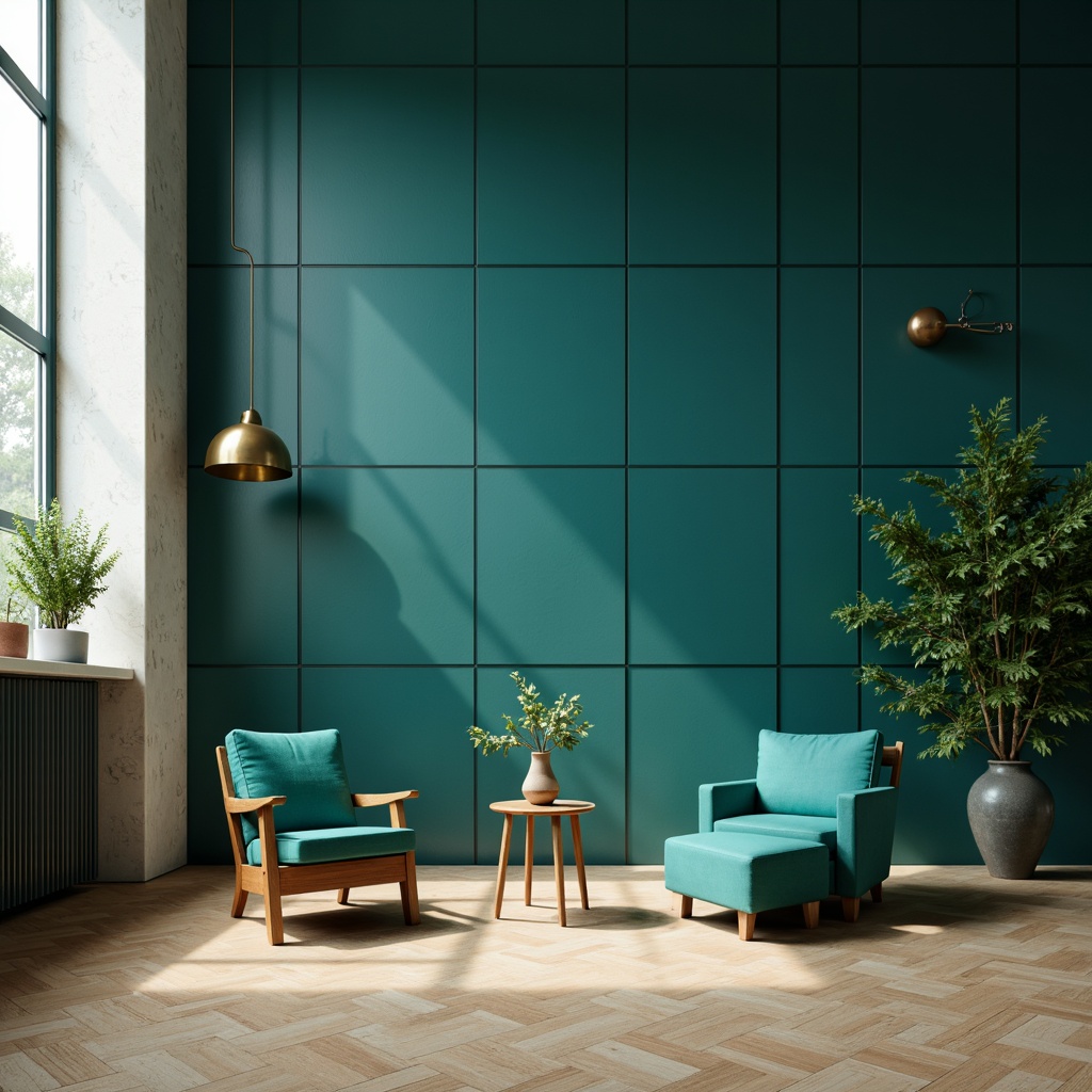 Prompt: Dark cyan accent wall, rich turquoise furniture, warm beige flooring, soft mint greenery, industrial metal decorations, modern minimalist decor, sleek low-profile lighting, subtle gradient effects, atmospheric misty ambiance, shallow depth of field, 1/1 composition, realistic textures, ambient occlusion.