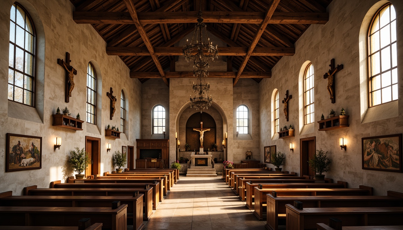 Prompt: Rustic church interior, natural stone walls, wooden beams, stained glass windows, warm sunlight streaming, soft warm lighting, ambient occlusion, high ceilings, wooden pews, ornate altarpieces, candlelight, traditional crucifixes, earthy tones, organic textures, distressed wood accents, vintage religious artifacts, serene atmosphere, 1/1 composition, shallow depth of field, realistic renderings.