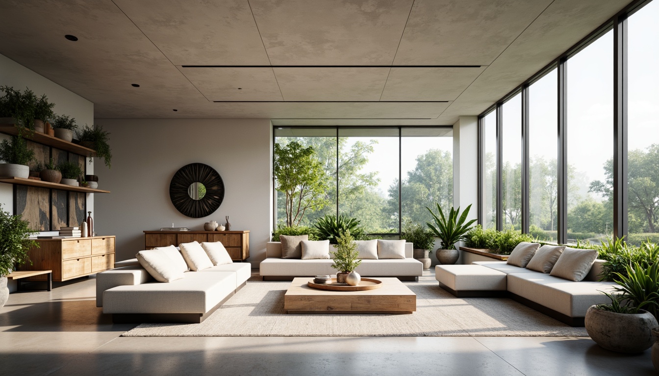 Prompt: Minimalist open-plan living area, sleek low-profile furniture, neutral color palette, polished concrete floors, floor-to-ceiling windows, abundant natural light, airy atmosphere, geometric-shaped coffee table, plush sectional sofas, industrial-chic metal shelves, verdant potted plants, soft warm lighting, shallow depth of field, 2/3 composition, panoramic view, realistic textures, ambient occlusion.