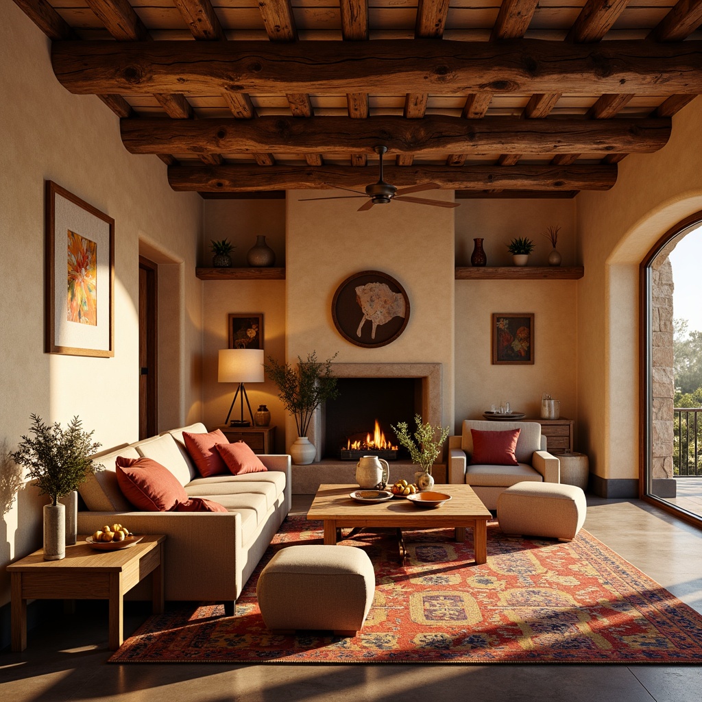 Prompt: Warm southwestern living room, earthy color palette, natural stone walls, wooden beam ceilings, comfortable sofas, vibrant patterned rugs, warm golden lighting, table lamps, floor lamps, pendant lights, candles, lanterns, rustic metal fixtures, soft ambient glow, warm white light, sunny afternoon, shallow depth of field, 1/1 composition, realistic textures, ambient occlusion.