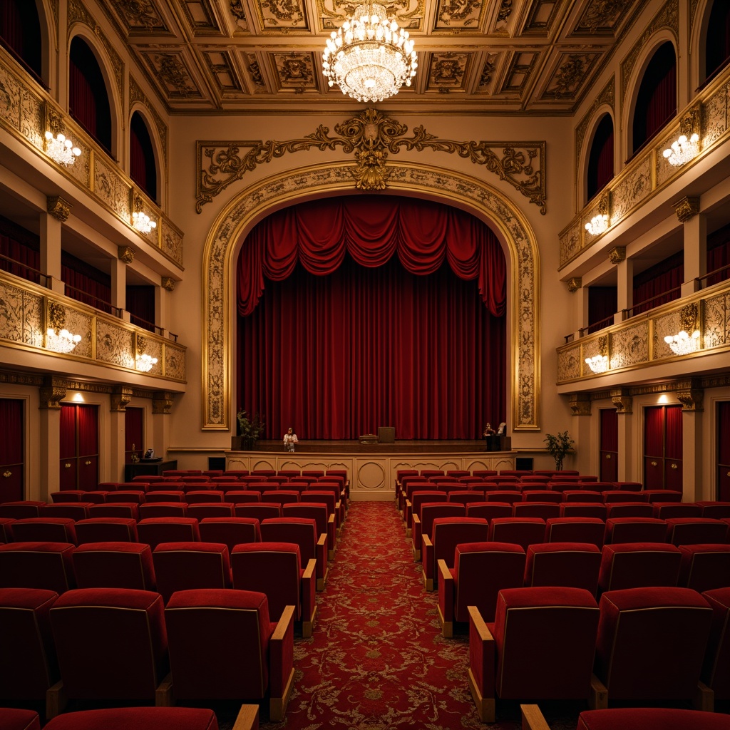 Prompt: Elegant French country-style theater, plush red velvet seats, ornate golden armrests, luxurious upholstery, curved row arrangement, intimate stage proximity, soft warm lighting, dramatic spotlights, rich wood accents, intricate carvings, ornamental moldings, lavish drapery, heavy crimson curtains, gilded mirrors, crystal chandeliers, refined ambiance, sophisticated decor, 1/1 composition, shallow depth of field, warm color palette, realistic textures.