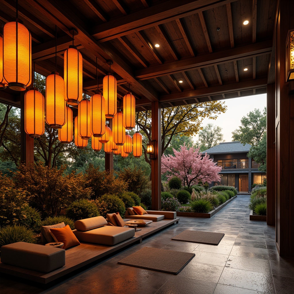 Prompt: Vibrant lantern-style lighting fixtures, warm soft glow, traditional Japanese paper lanterns, intricate wooden carvings, cultural heritage-inspired design elements, modern minimalist architecture, sleek metal beams, polished stone floors, serene natural ambiance, lush greenery, tranquil water features, subtle cherry blossom patterns, delicate rice paper textures, warm golden lighting, 1/2 composition, soft focus, ambient occlusion, realistic render.