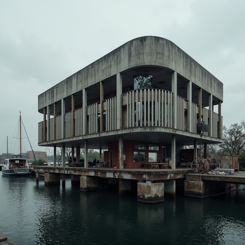 Prompt: Rugged boathouse, exposed concrete structure, brutalist architecture, industrial metal beams, weathered wooden accents, rusty nautical equipment, dockside setting, misty waterfront atmosphere, overcast sky, dramatic lighting, high contrast shadows, symmetrical composition, minimalist color palette, distressed textures, ambient occlusion.