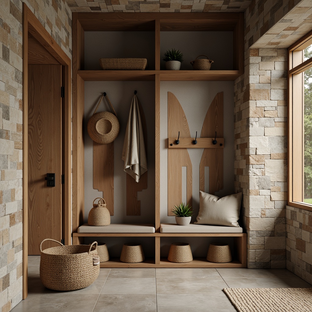 Prompt: Rustic mudroom, natural stone walls, reclaimed wood accents, earthy color palette, geometric patterns, organic textures, mid-century modern aesthetic, minimalist decor, functional storage units, woven baskets, industrial metal hooks, concrete flooring, matte finish, ambient lighting, shallow depth of field, 1/1 composition, realistic renderings.