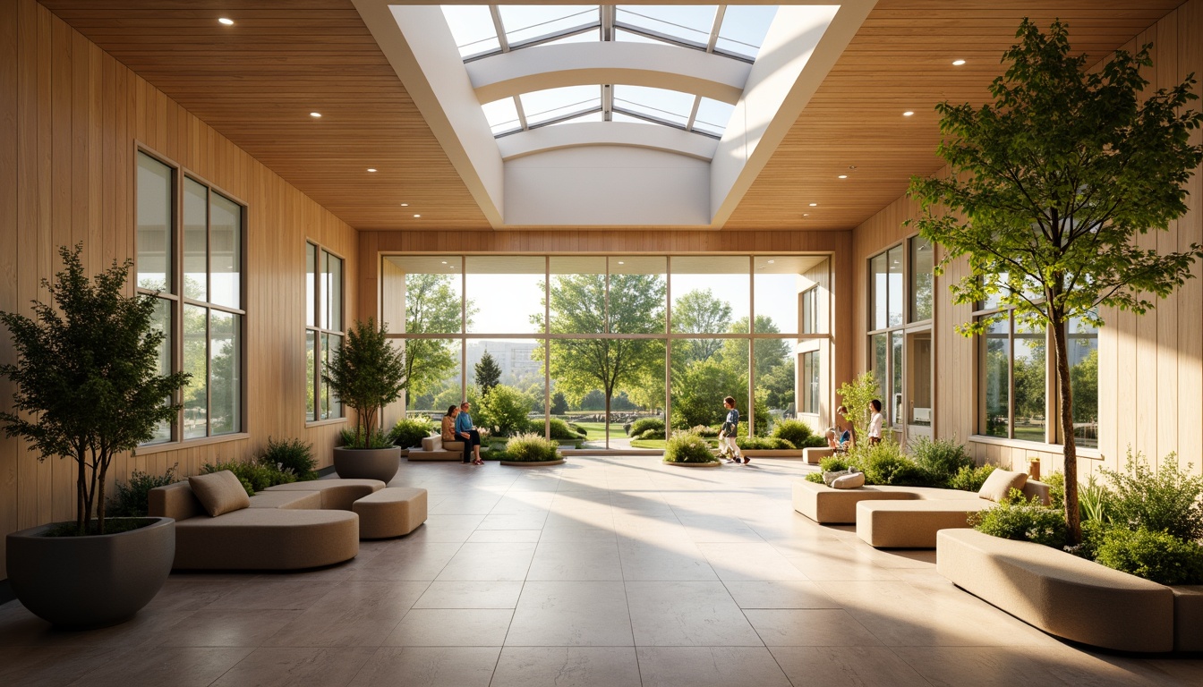 Prompt: Calming rehabilitation center, natural materials, warm wood tones, soothing color palette, abundant greenery, large windows, clerestory windows, skylights, soft diffused lighting, warm beige walls, comfortable seating areas, gentle curves, organic shapes, peaceful atmosphere, serene ambiance, morning sunlight, indirect lighting, 1/1 composition, shallow depth of field, realistic textures, ambient occlusion.