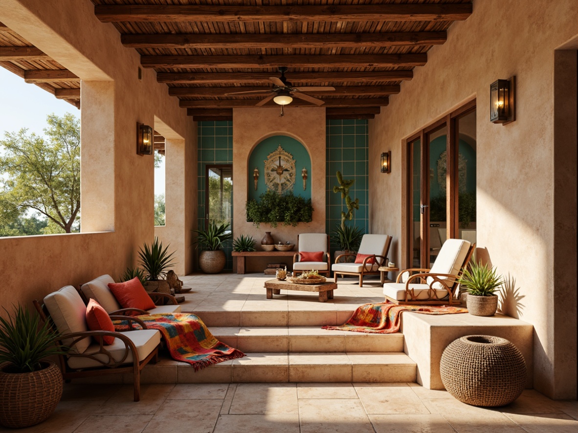 Prompt: Adobe earth tones, natural stone walls, rustic wooden accents, turquoise glass tiles, woven textiles, geometric patterns, vibrant colorful fabrics, Southwestern-inspired murals, textured stucco finishes, distressed wood beams, ornate metalwork, desert botanicals, cacti silhouettes, warm golden lighting, soft shadows, 1/1 composition, intimate close-up shots, realistic textures, ambient occlusion.