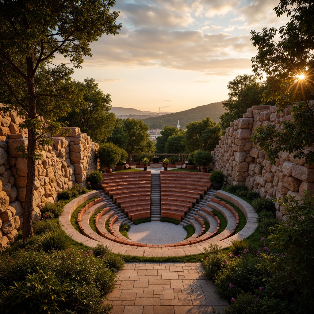 Prompt: Vibrant amphitheater, tiered seating, lush greenery, natural stone walls, warm golden lighting, sunset hues, earthy tones, terracotta accents, rustic wood textures, weathered metal frames, dynamic color contrasts, gradient effects, soft shadows, realistic materials, 3D modeling, cinematic atmosphere, dramatic spotlighting.