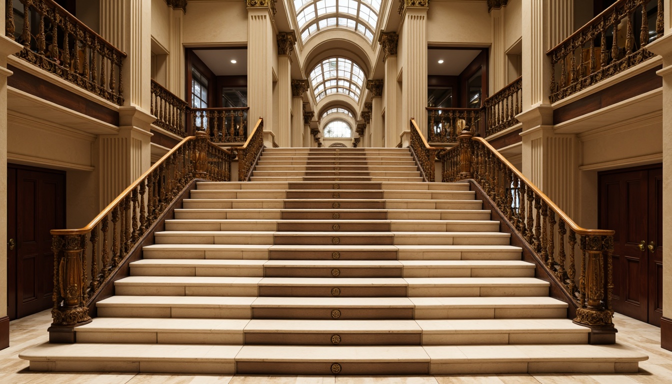 Prompt: Grand staircase, ornate balusters, polished bronze handrails, intricate carvings, elegant newel posts, luxurious velvet carpeting, cream-colored marble steps, symmetrical landing platforms, refined wooden paneling, classic Greek columns, stately archways, subtle warm lighting, dramatic ceiling heights, precise 1/2 composition, realistic textures, ambient occlusion.Please let me know if this meets your requirements.