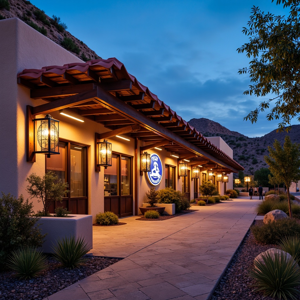 Prompt: Vibrant southwestern bus station, adobe-inspired architecture, terracotta roof tiles, warm earthy colors, rustic wooden accents, ornate metalwork details, unique lantern-style lighting fixtures, glowing neon signs, ambient nighttime illumination, dramatic shadows, desert landscaping, cactus plants, arid rocky terrain, clear blue sky, sunny day, high contrast ratio, shallow depth of field, 1/2 composition, cinematic camera angles, realistic textures, subtle ambient occlusion.