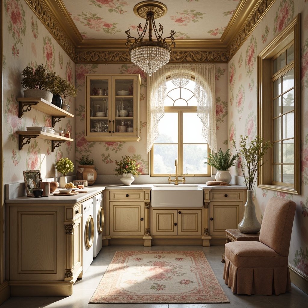 Prompt: Whimsical laundry room, ornate golden accents, soft pastel colors, delicate florals, intricate carvings, curved rococo lines, luxurious velvet fabrics, crystal chandeliers, marble countertops, porcelain vases, lace curtains, distressed wood cabinetry, antique bronze hardware, warm candlelight, shallow depth of field, 1/2 composition, romantic ambiance, soft focus blur, realistic textures.