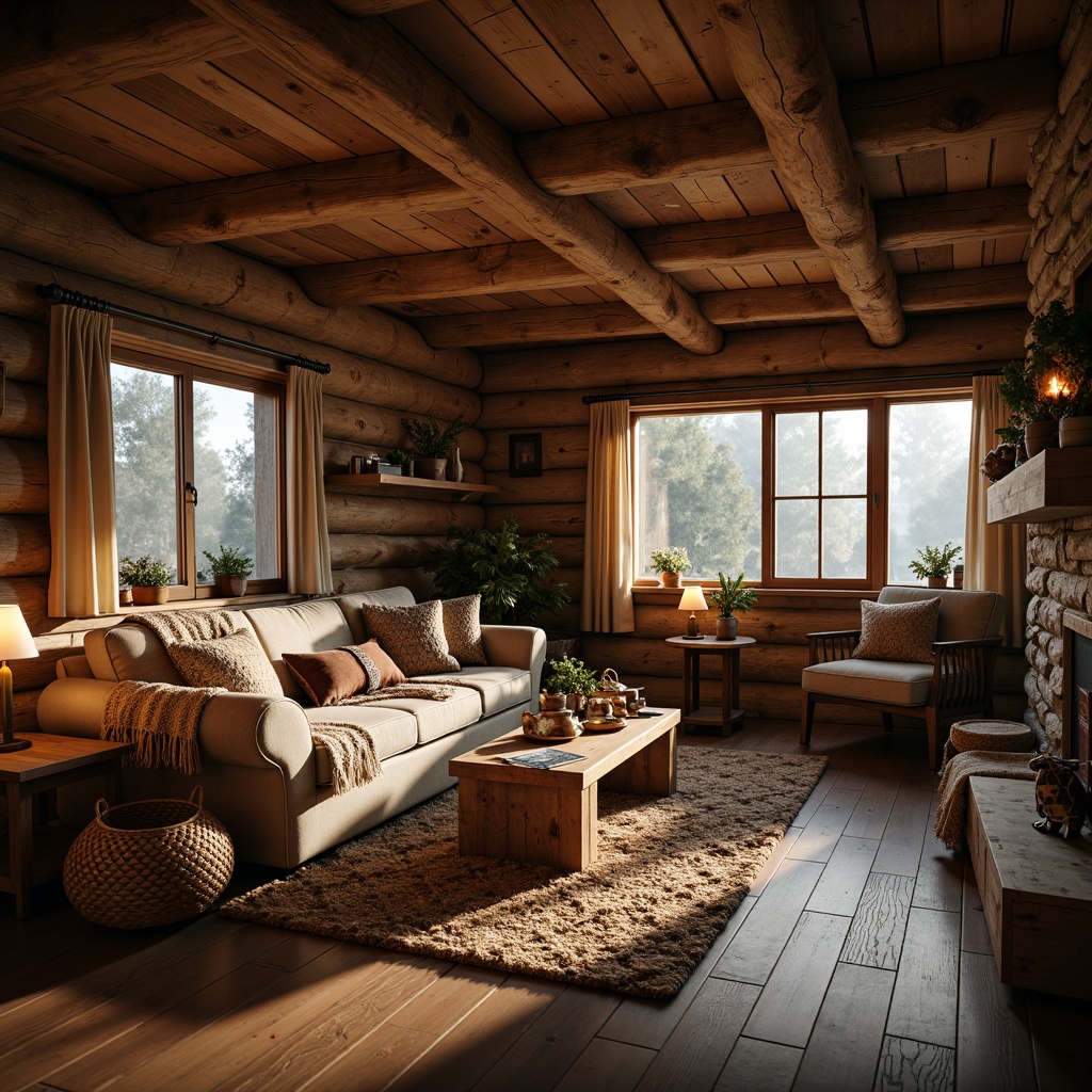 Prompt: Rustic wooden cabin, natural stone walls, earthy color palette, plush area rugs, comfortable sofas, chunky throw blankets, woven baskets, vintage decorative items, warm candlelight, soft gentle shadows, shallow depth of field, 1/1 composition, intimate close-up shots, realistic wood grain textures, ambient occlusion.