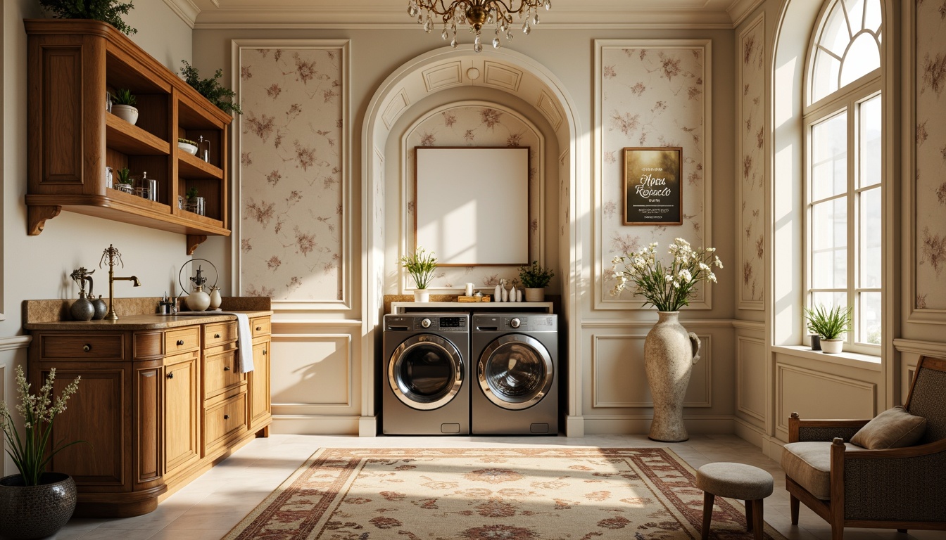 Prompt: Luxurious laundry room, ornate gold accents, soft cream walls, delicate floral patterns, curved wooden cabinetry, polished marble countertops, crystal chandelier lighting, plush area rugs, velvet drapes, antique brass fixtures, distressed wood furniture, elegant script typography, warm candlelight ambiance, shallow depth of field, 1/1 composition, romantic soft focus, intricate moldings, lavish textures.