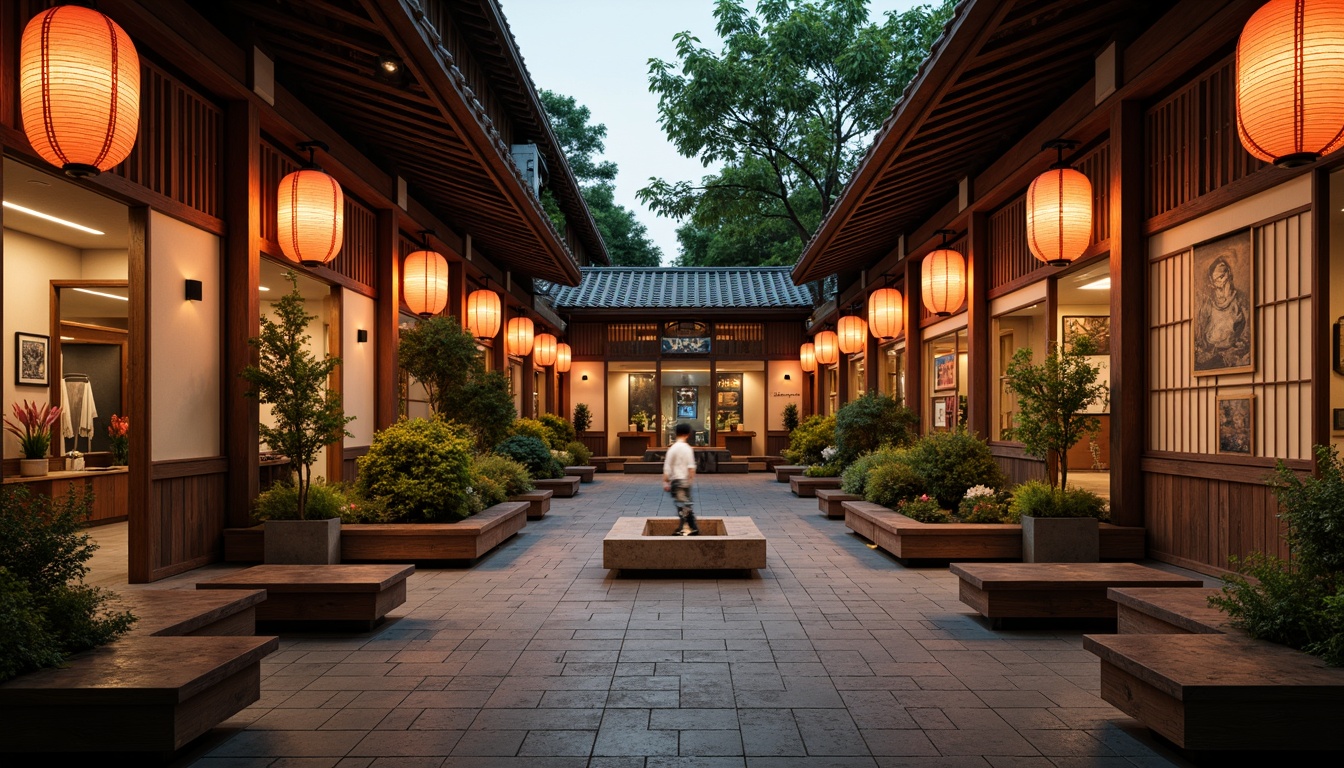 Prompt: Traditional Japanese lanterns, warm wooden accents, natural stone walls, vibrant greenery, intricate ceramic tiles, subtle Shoji screens, rustic wooden benches, cultural signage, serene water features, gentle misting systems, soft warm lighting, shallow depth of field, 3/4 composition, panoramic view, realistic textures, ambient occlusion.