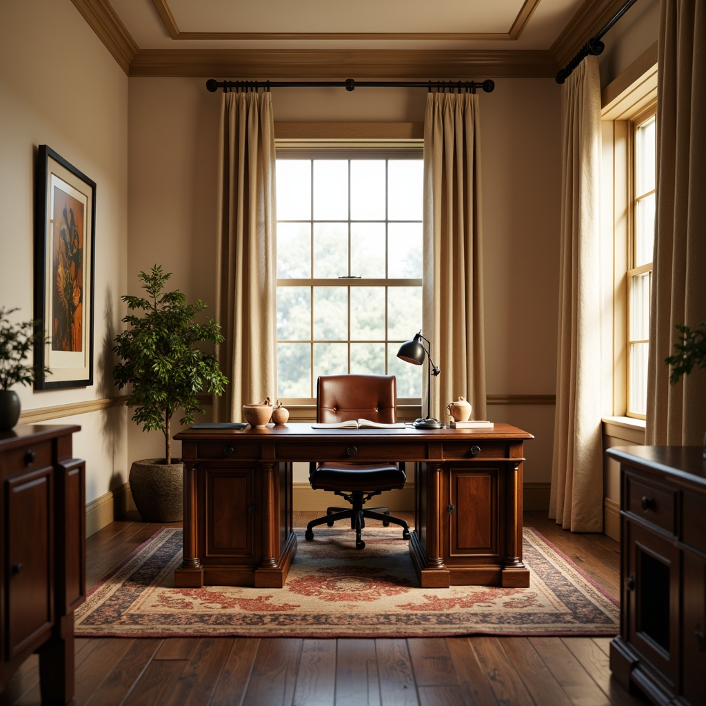 Prompt: Rich wood tones, dark walnut desk, leather office chair, vintage metal lamp, earthy terracotta pots, natural linen curtains, soft cream walls, elegant crown molding, classic framed artwork, warm golden lighting, shallow depth of field, 2/3 composition, realistic textures, ambient occlusion.